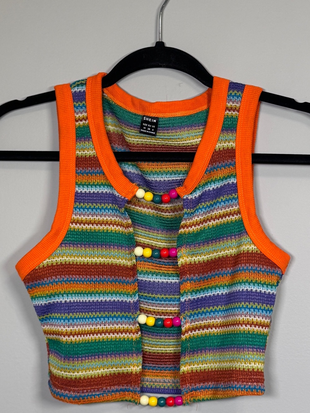 SHEIN Striped Crochet Beaded Tank with Bright Orange‎ Trim